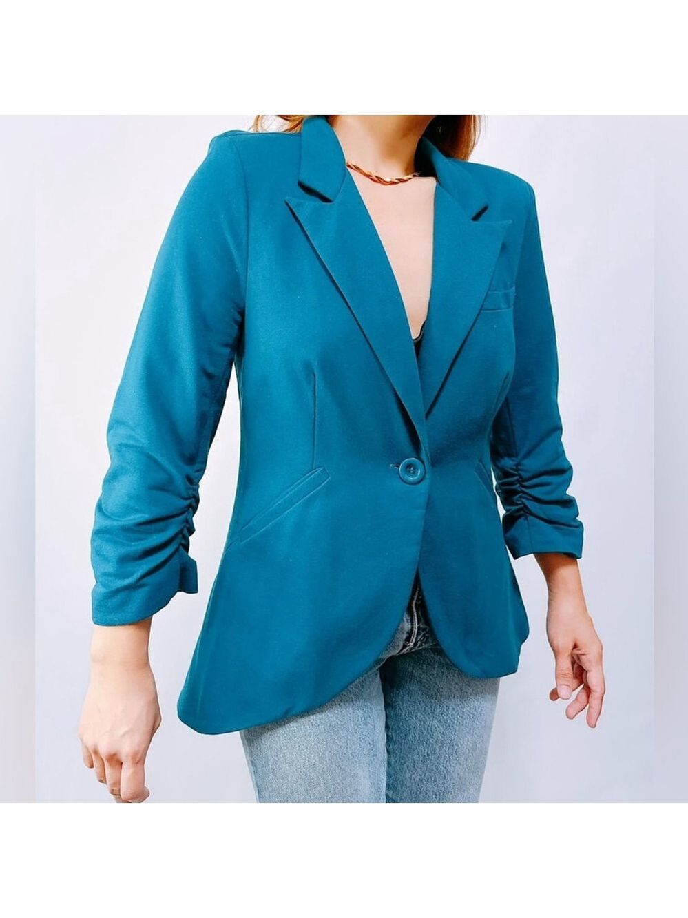ModCloth teal jersey blazer 3X stretch ruched sleeve professional woman office